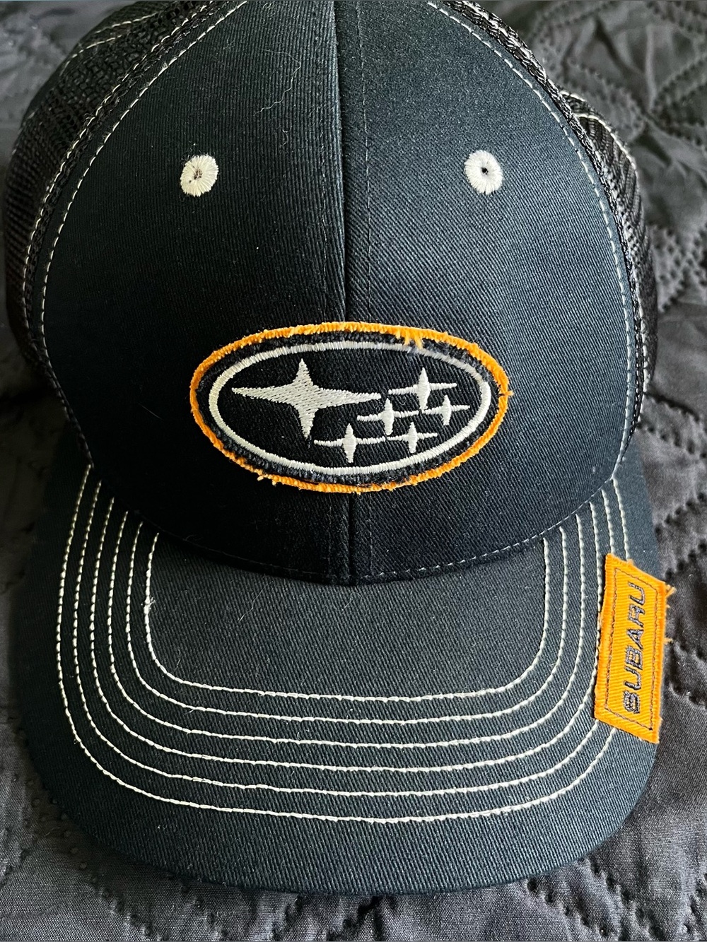Subaru Trucker Hat Cap Adult Snap Back Navy Blue Orange --Distressed Patch